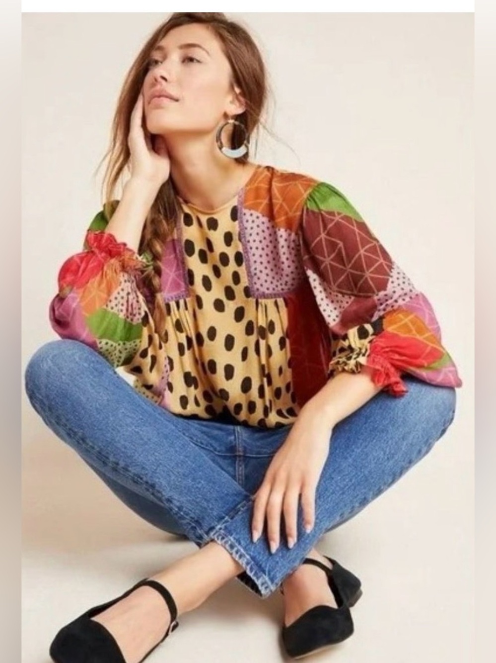 Bl^nk London Anthropologie Miranda Peasant Blouse Size Small Patchwork Polka Dot